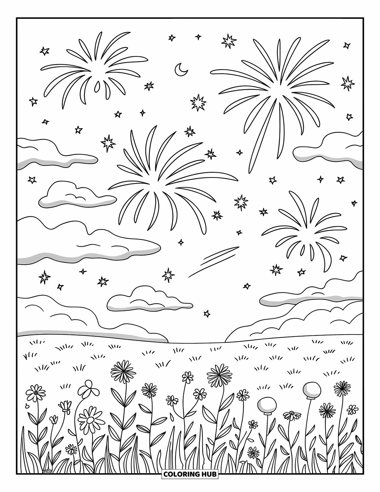 Fireworks Coloring Page for Adults: Stylized fireworks and tiny stars swirl above a peaceful field of wildflowers and clouds