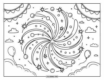 Fireworks Coloring Page for Adults: Swirling fireworks, confetti, and stars form a cute mandala with clouds, balloons, and garlands