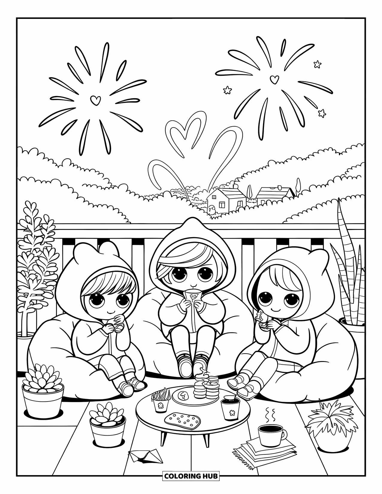 Fireworks Coloring Page for Adults: Three cozy chibi kids enjoy snacks and heart fireworks from a balcony overlooking a village