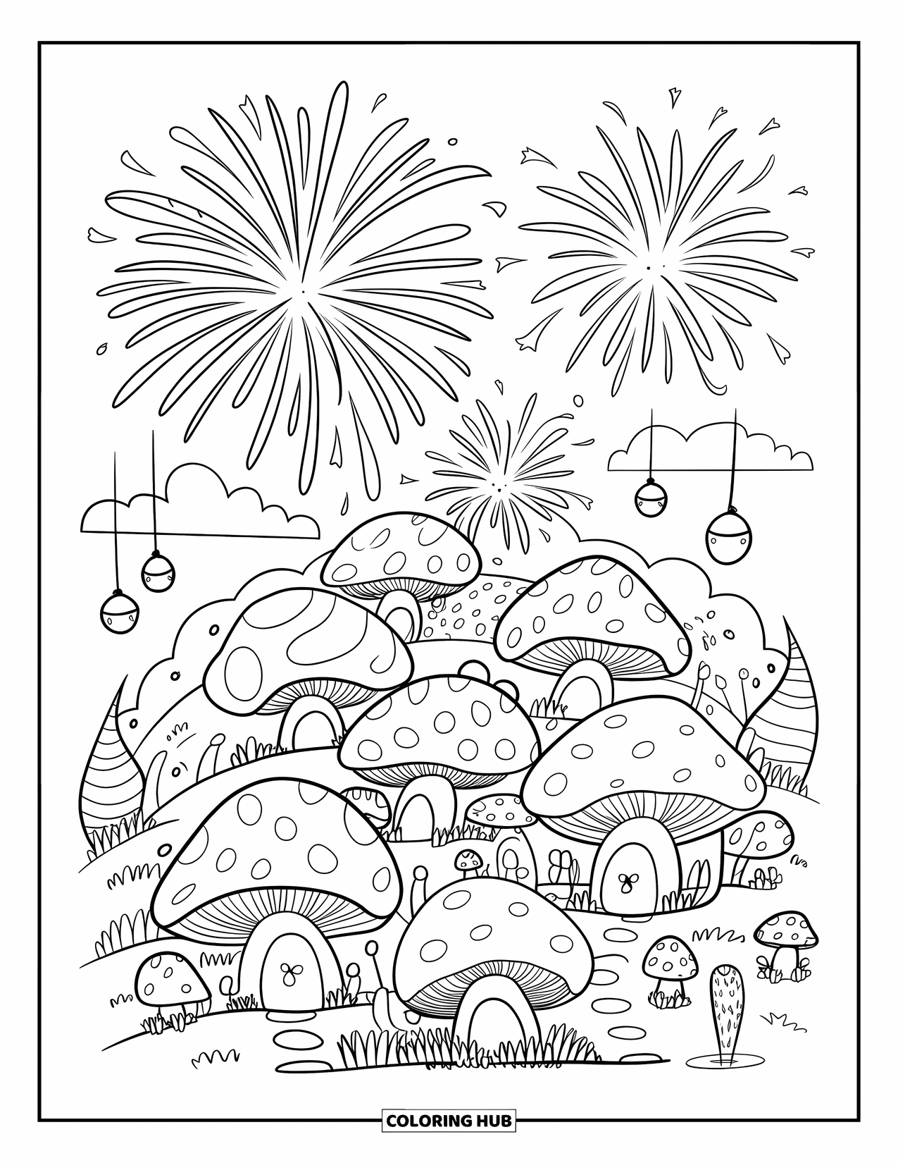 Fireworks Coloring Page for Adults: Tiny mushroom houses glow under flower-like fireworks and floating lanterns on soft hills