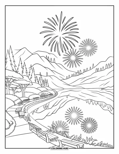 Fireworks Coloring Page for Kids: A calm lake reflects fireworks and mountains near benches and a tree-lined overlook path