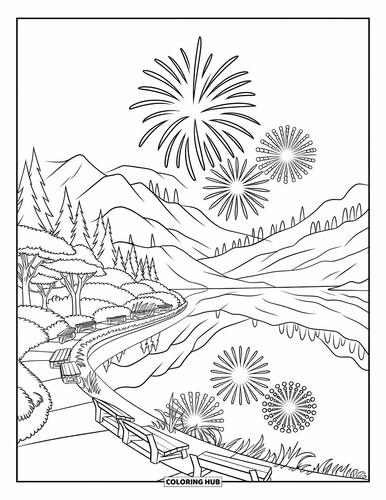 Fireworks Coloring Page for Kids: A calm lake reflects fireworks and mountains near benches and a tree-lined overlook path
