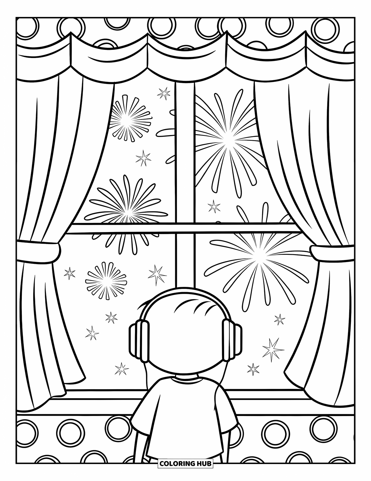 Fireworks Coloring Page for Kids: A child in headphones watches colorful fireworks through a curtained window at night