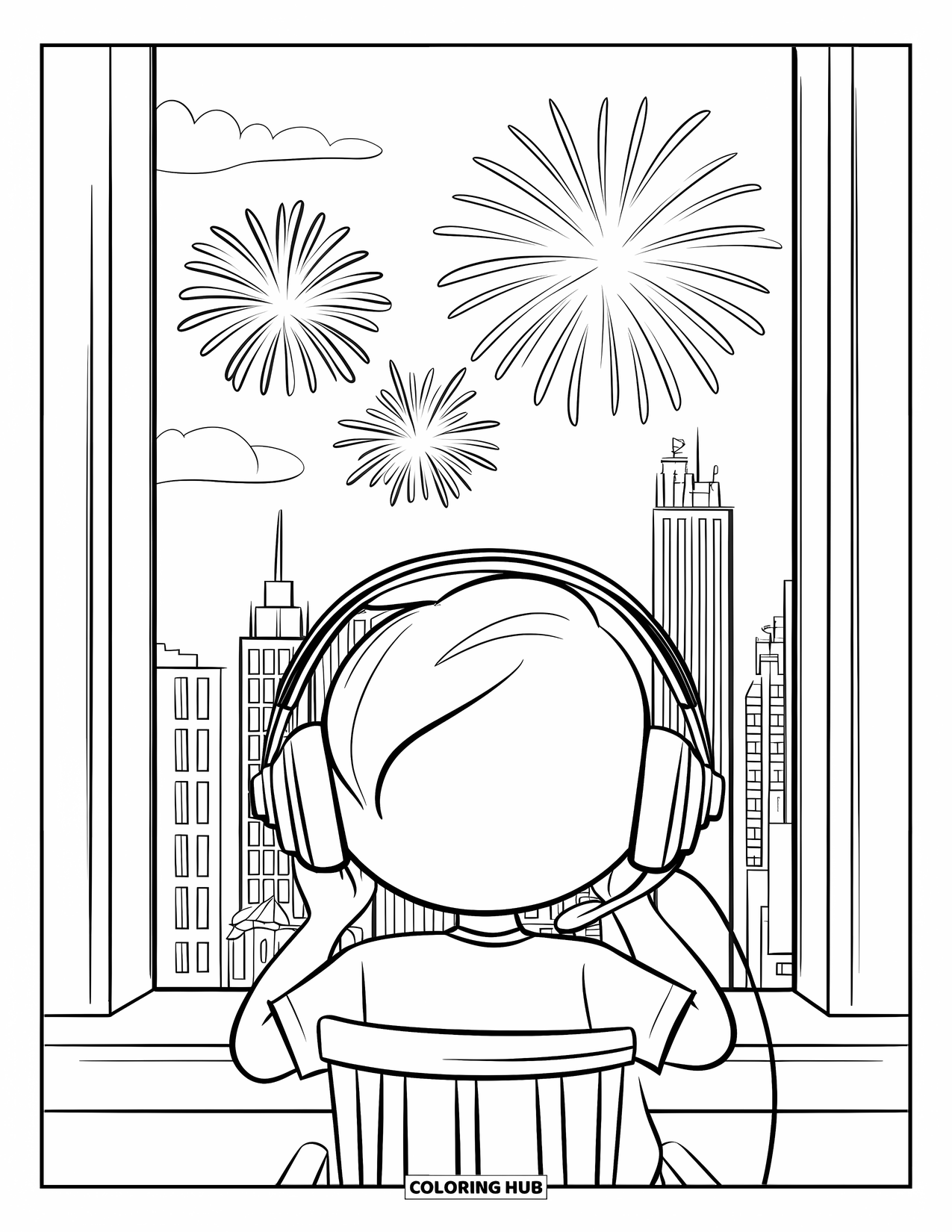 Fireworks Coloring Page for Kids: A child with headphones sits by the window, watching fireworks over a glowing city skyline