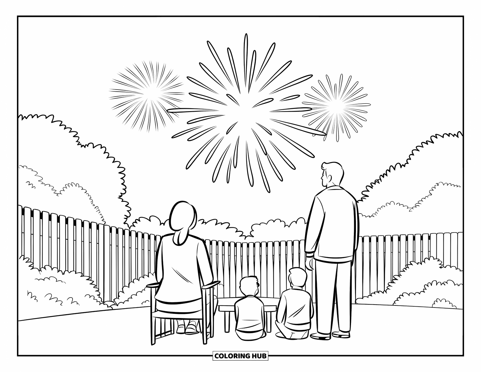 Fireworks Coloring Page for Kids: A cozy backyard scene with parents and kids watching fireworks from chairs and the ground