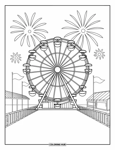 Fireworks Coloring Page for Kids: A ferris wheel at the fairground sparkles with fireworks, footprints, and flags all around