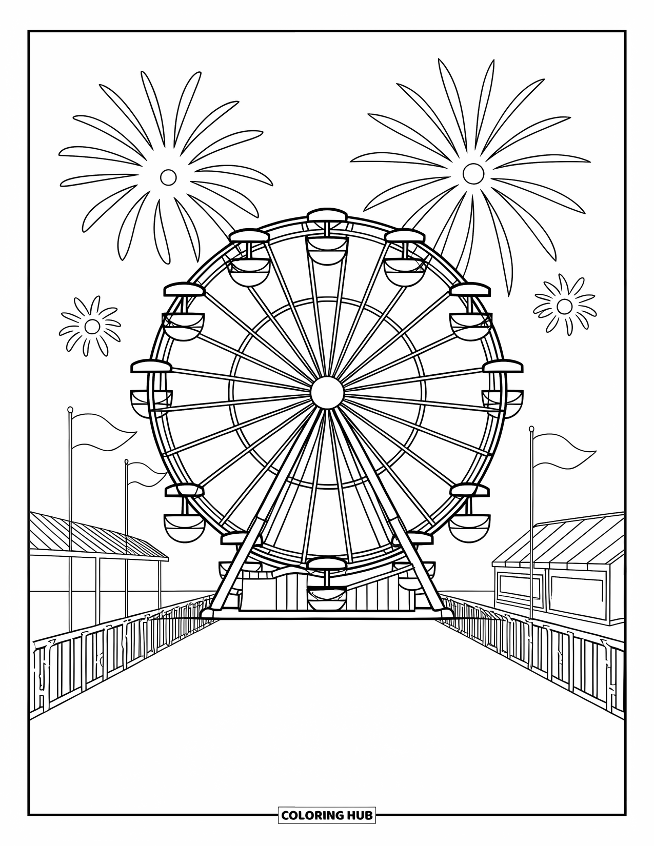 Fireworks Coloring Page for Kids: A ferris wheel at the fairground sparkles with fireworks, footprints, and flags all around