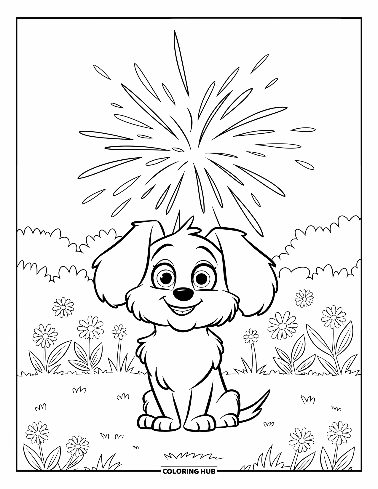 Fireworks Coloring Page for Kids: A fluffy dog sits in a flower-filled yard under a star-shaped firework burst