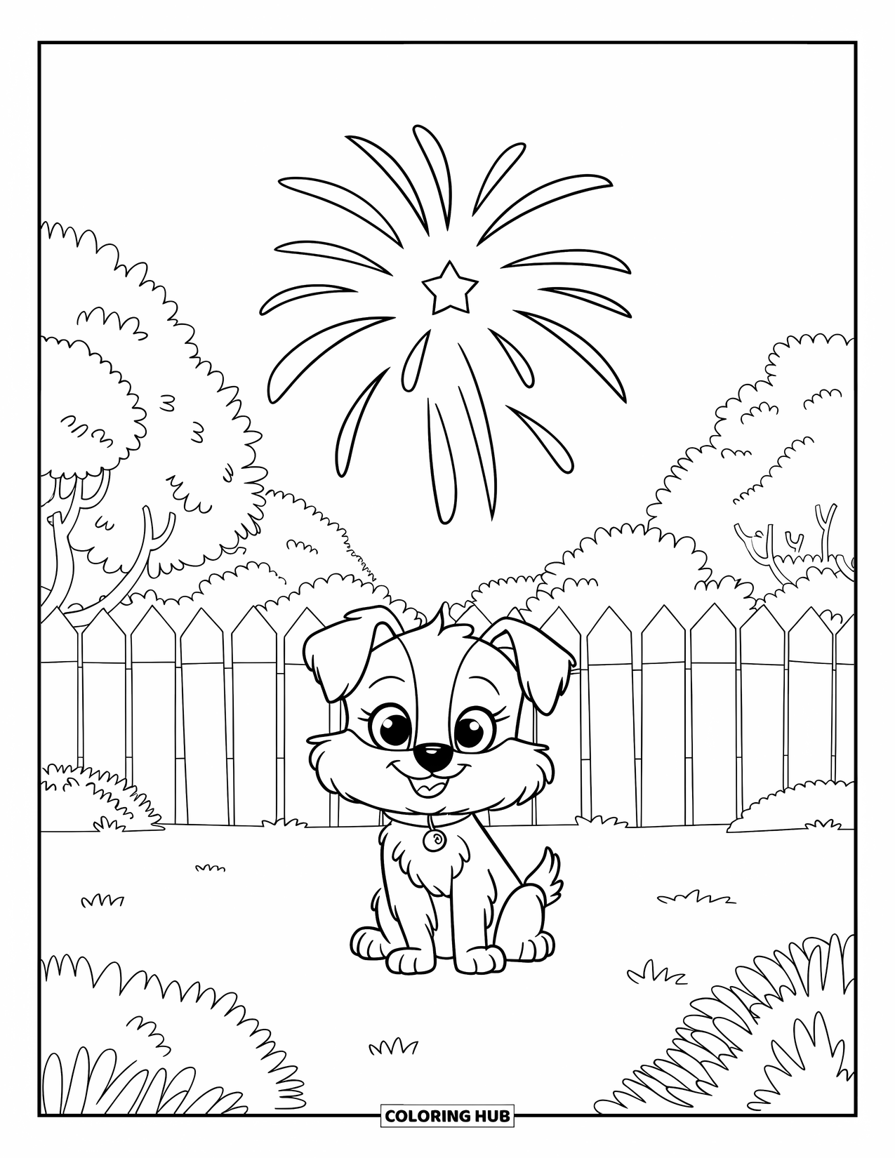 Fireworks Coloring Page for Kids: A happy dog with a collar rests in a fenced yard beneath a starry firework