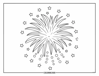 Fireworks Coloring Page for Kids: A large firework bursts with trailing sparks and scattered stars