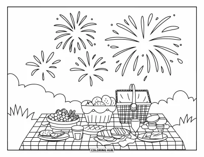 Fireworks Coloring Page for Kids: A picnic table with snacks and a blanket sits under fireworks lighting up the sky