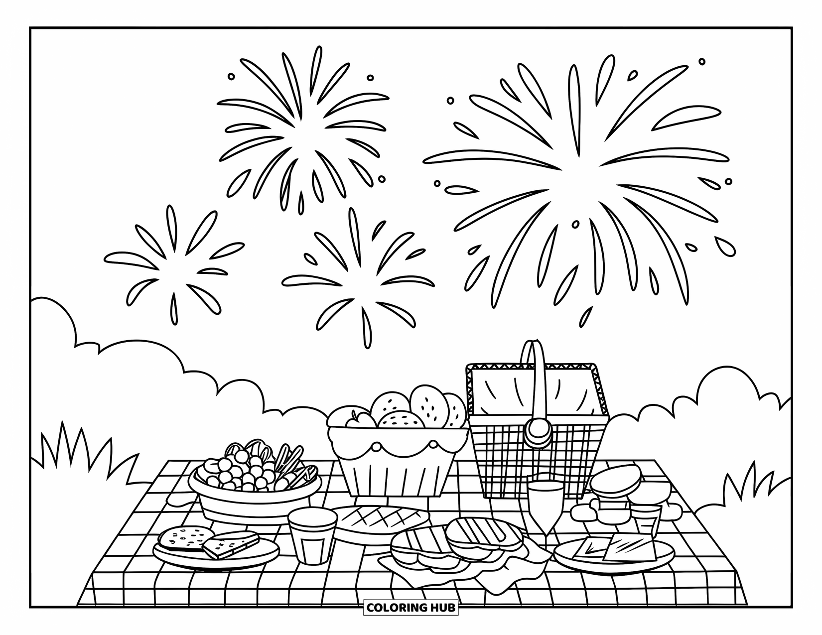 Fireworks Coloring Page for Kids: A picnic table with snacks and a blanket sits under fireworks lighting up the sky