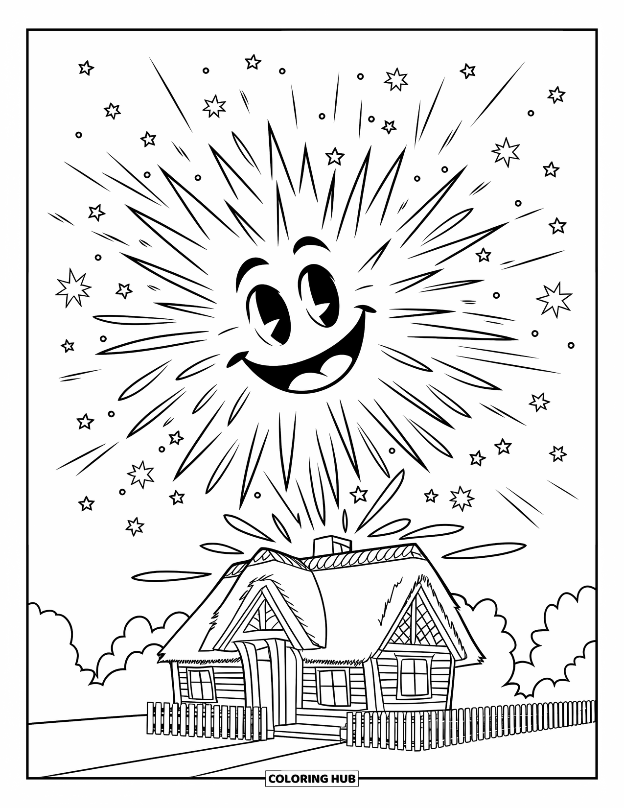 Fireworks Coloring Page for Kids: A smiley firework sparkles above a house with a fence and stars in the sky