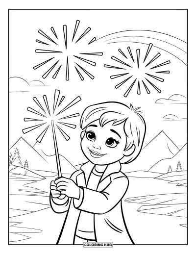 Fireworks Coloring Page for Kids: A smiling child with a sparkler stands near mountains, trees, water, and a rainbow