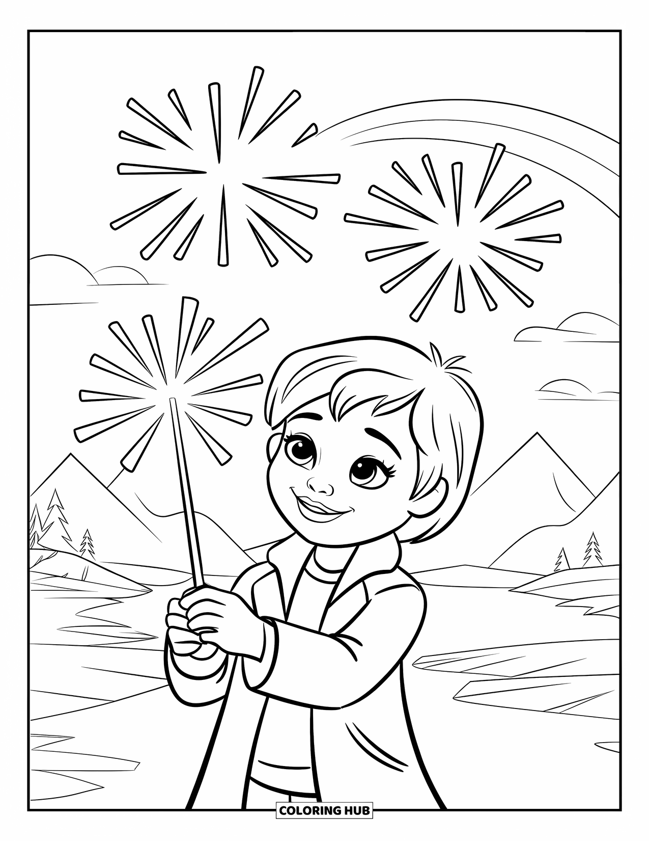 Fireworks Coloring Page for Kids: A smiling child with a sparkler stands near mountains, trees, water, and a rainbow