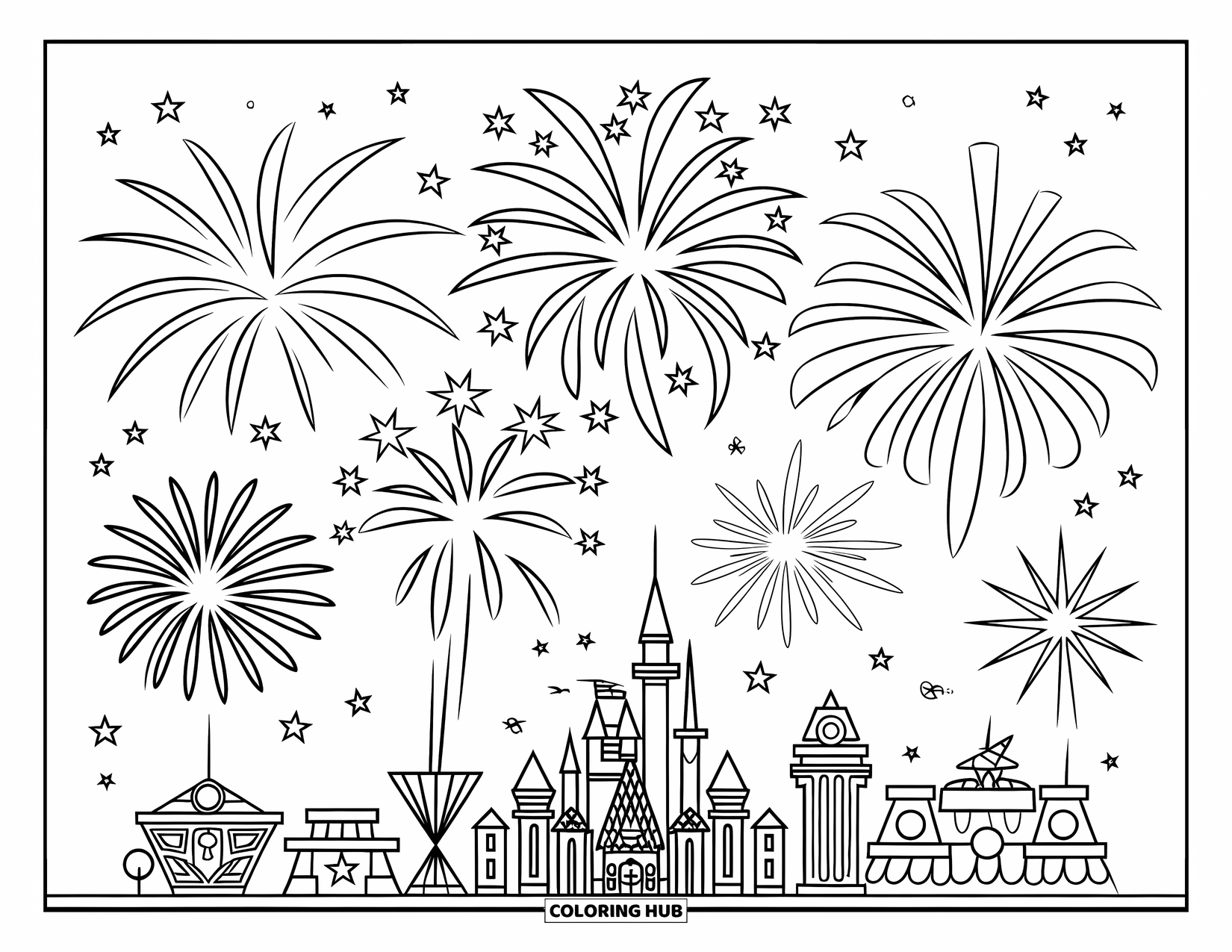 Fireworks Coloring Page for Kids: Castle and clock tower glow under layered fireworks bursting across a starry city sky
