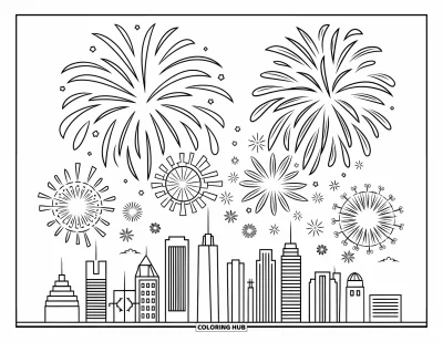 Fireworks Coloring Page for Kids: City skyline with unique buildings sparkles beneath layered fireworks of all shapes and sizes