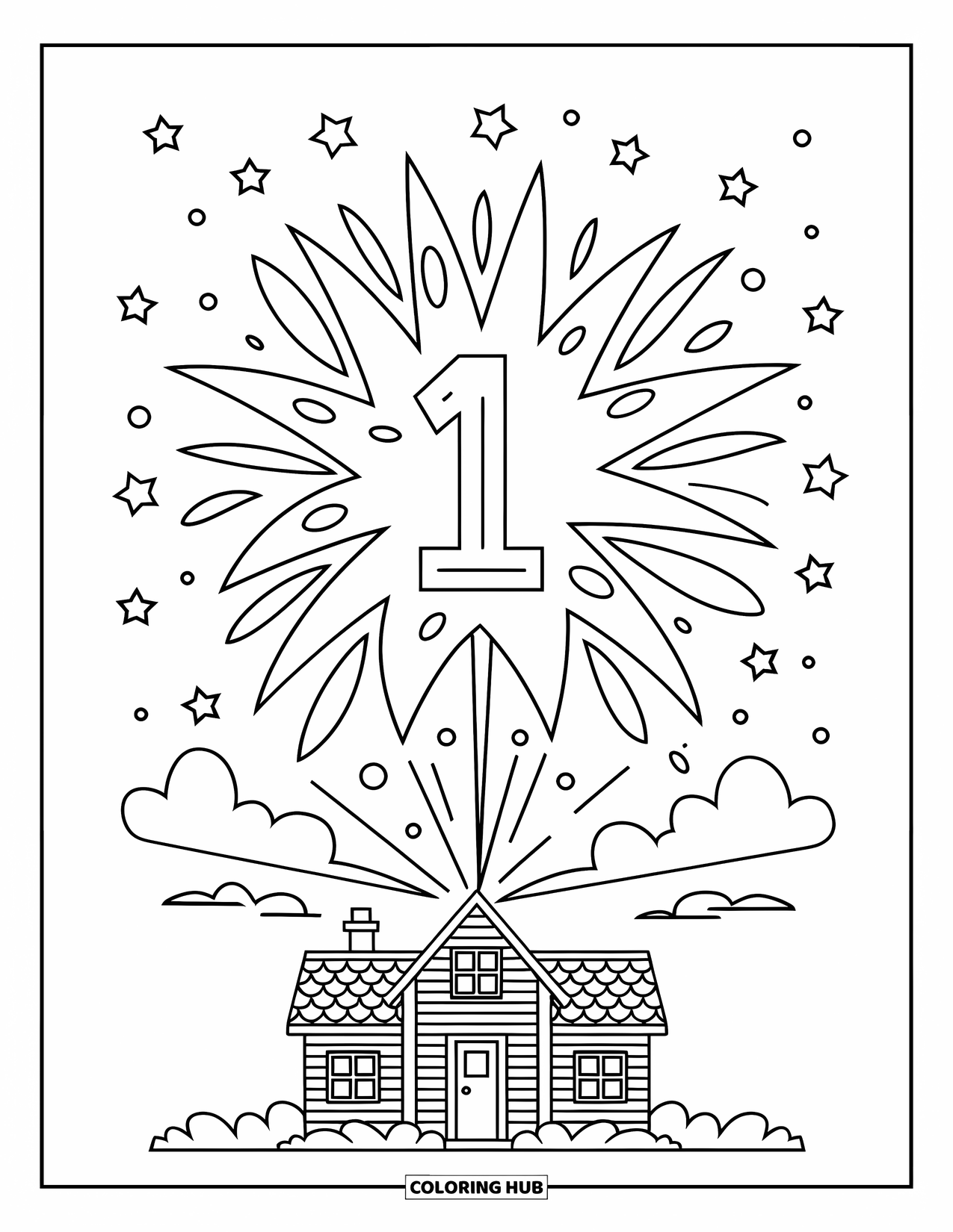 Fireworks Coloring Page for Kids: Firework marked with a "1" bursts over a house with matching roof and scattered stars