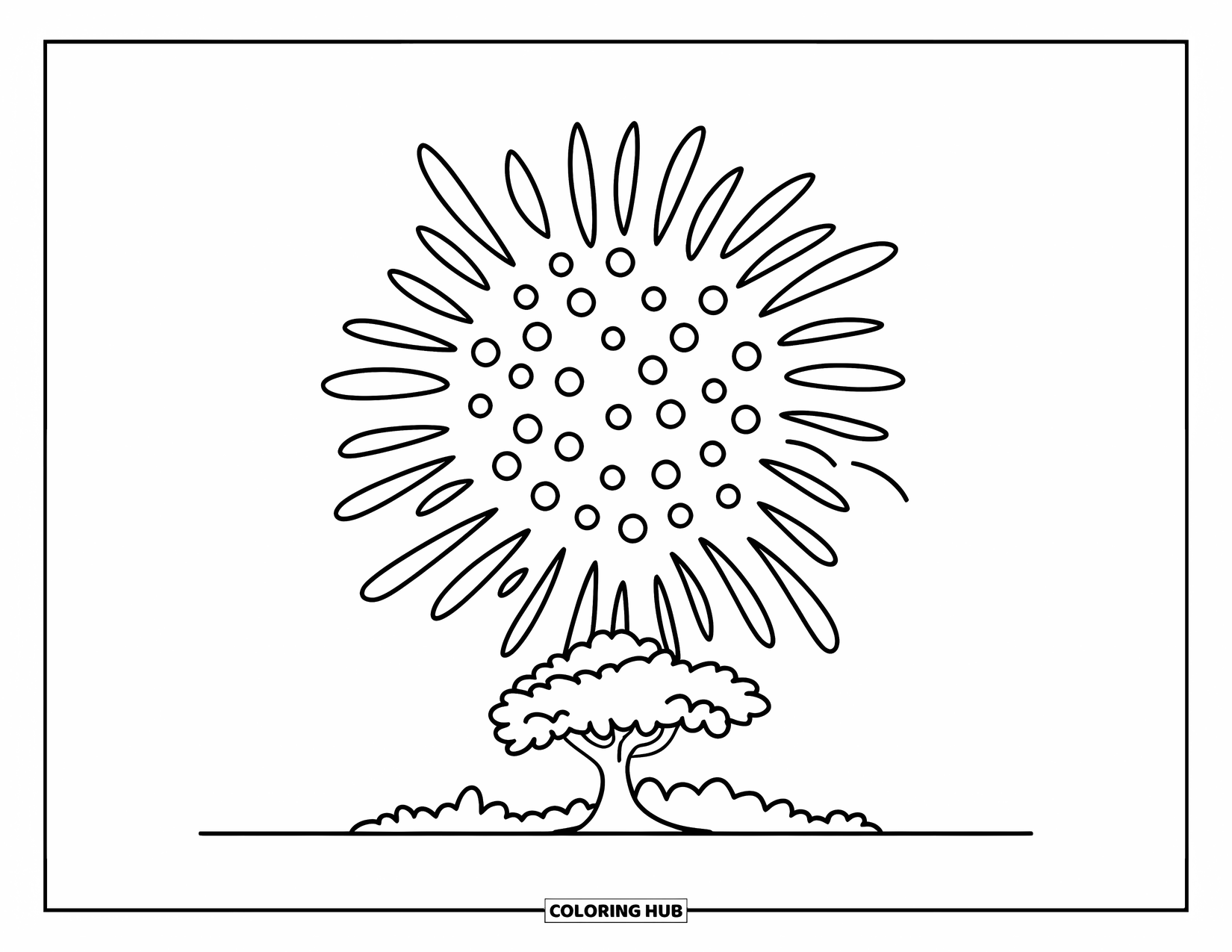 Fireworks Coloring Page for Kids: Firework with dotted trails sparkles in the sky above a lone tree with bold lines