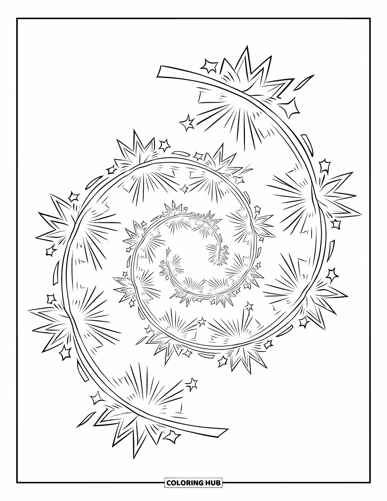 Fireworks Coloring Page for Kids: Fireworks arranged in a spiral shine with stars and bold geometric details