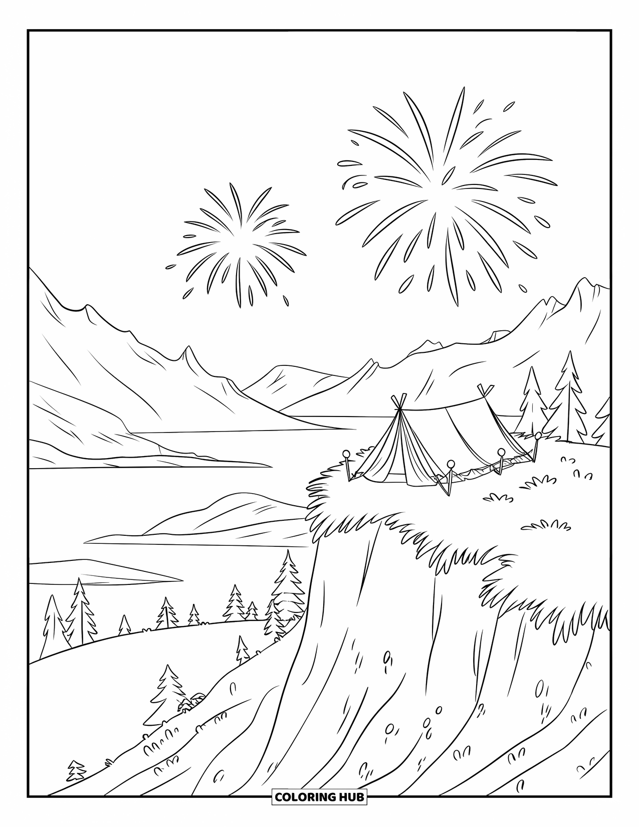 Fireworks Coloring Page for Kids: Fireworks burst above a hilltop tent overlooking mountains, trees, and calm water below