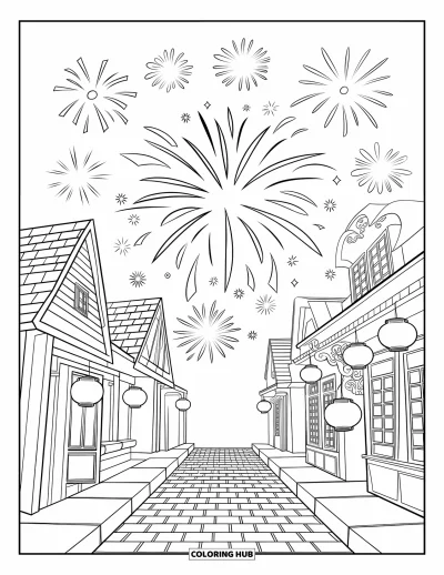 Fireworks Coloring Page for Kids: Fireworks explode above lantern-lit streets lined with buildings and cobblestone paths