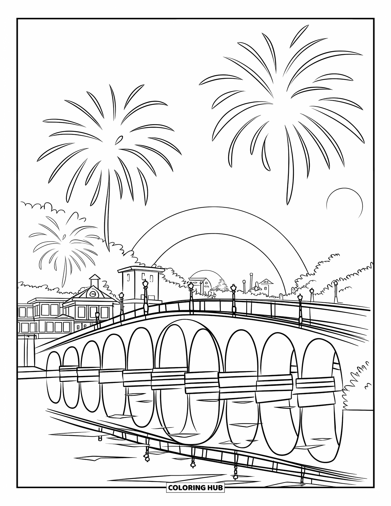 Fireworks Coloring Page for Kids: Fireworks light up a sunset bridge scene with reflections and buildings on the shoreline
