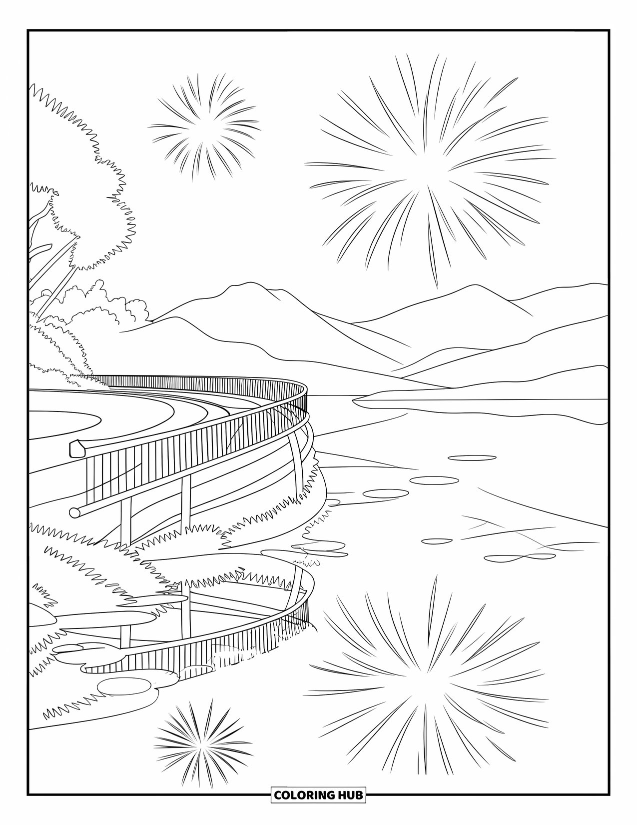 Fireworks Coloring Page for Kids: Fireworks reflect in a calm lake below a scenic overlook with mountains in the distance
