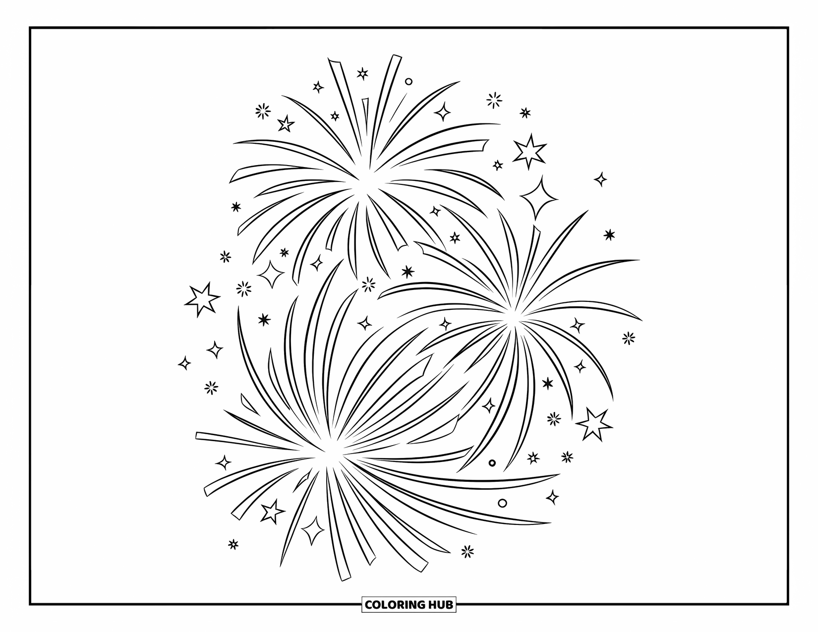 Fireworks Coloring Page for Kids: Fireworks swirl in a spiral pattern with stars and sharp geometric lines all around