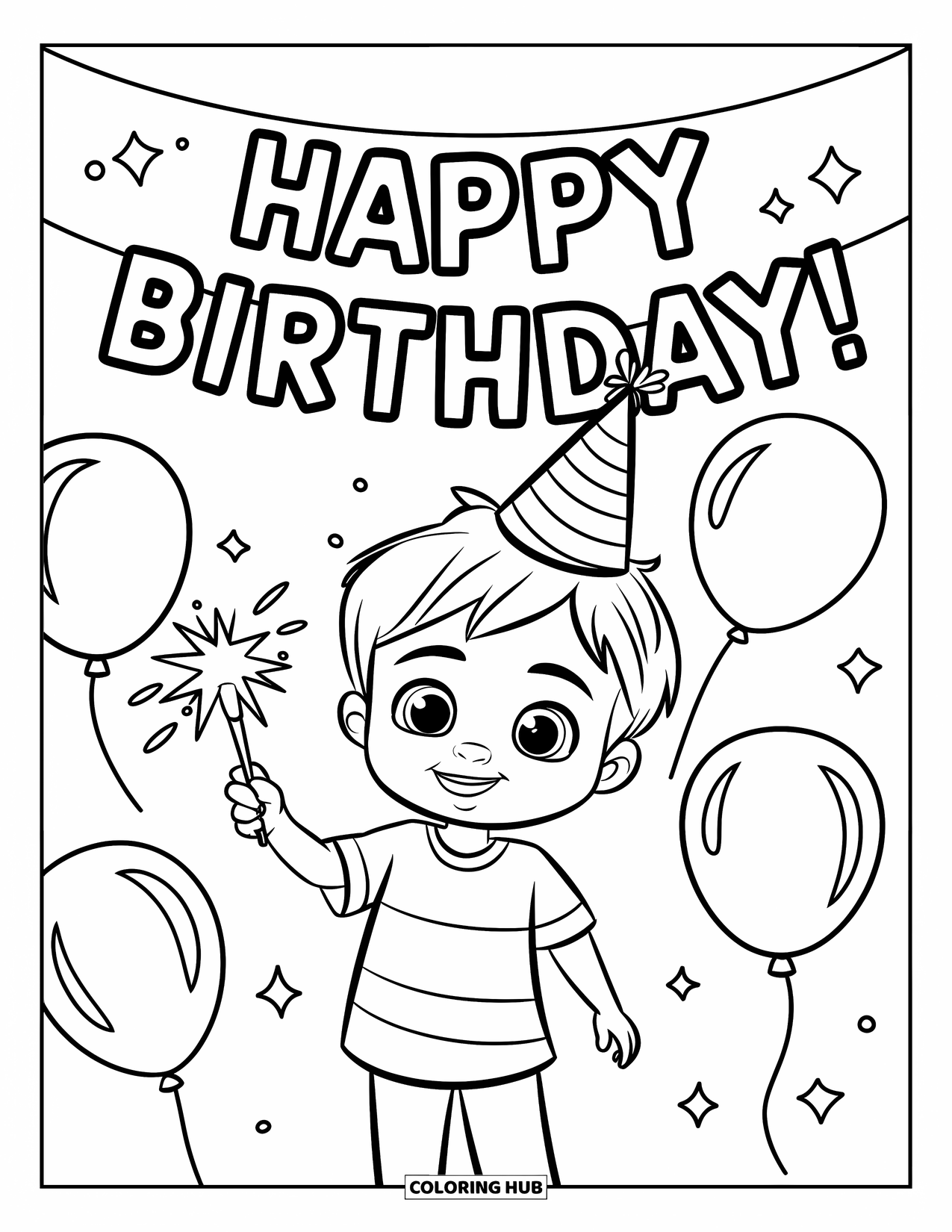 Fireworks Coloring Page for Kids: Happy kid with a sparkler stands under a birthday banner and floating balloons