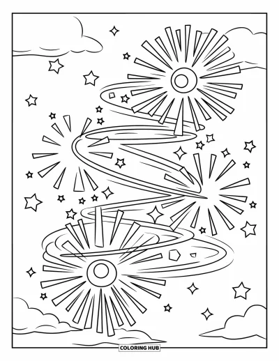 Fireworks Coloring Page for Kids: Hearts, stars, and spirals burst into fireworks across a dark sky with scattered clouds