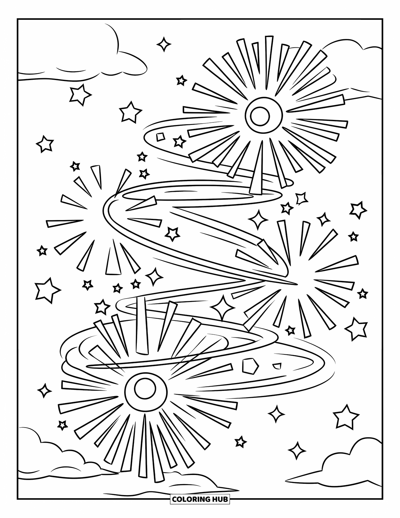 Fireworks Coloring Page for Kids: Hearts, stars, and spirals burst into fireworks across a dark sky with scattered clouds