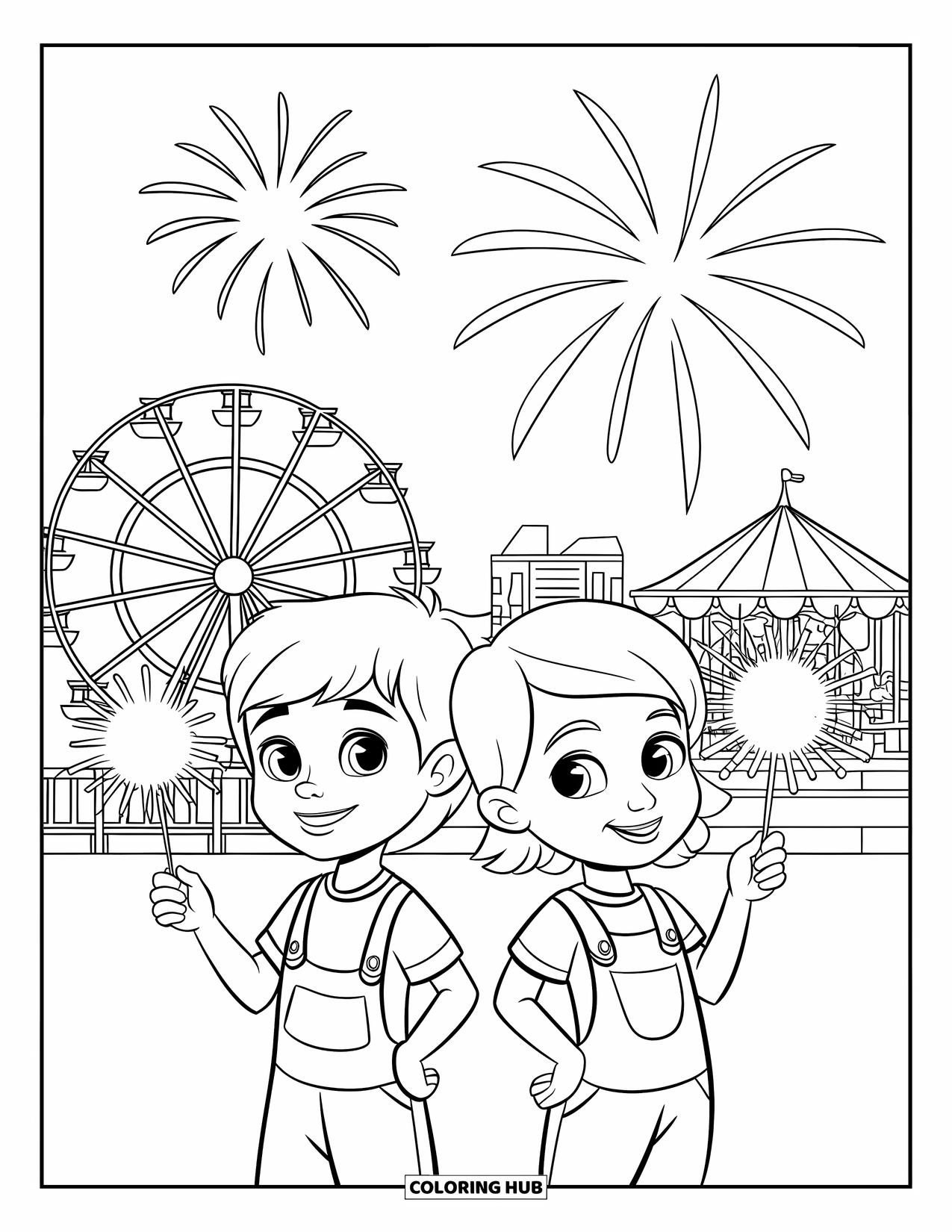 Fireworks Coloring Page for Kids: Kids in striped shirts enjoy sparklers under fireworks with a Ferris wheel and carousel nearby