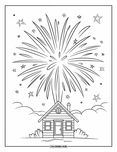 Fireworks Coloring Page for Kids: One big firework bursts above a tiny house under a sky full of stars