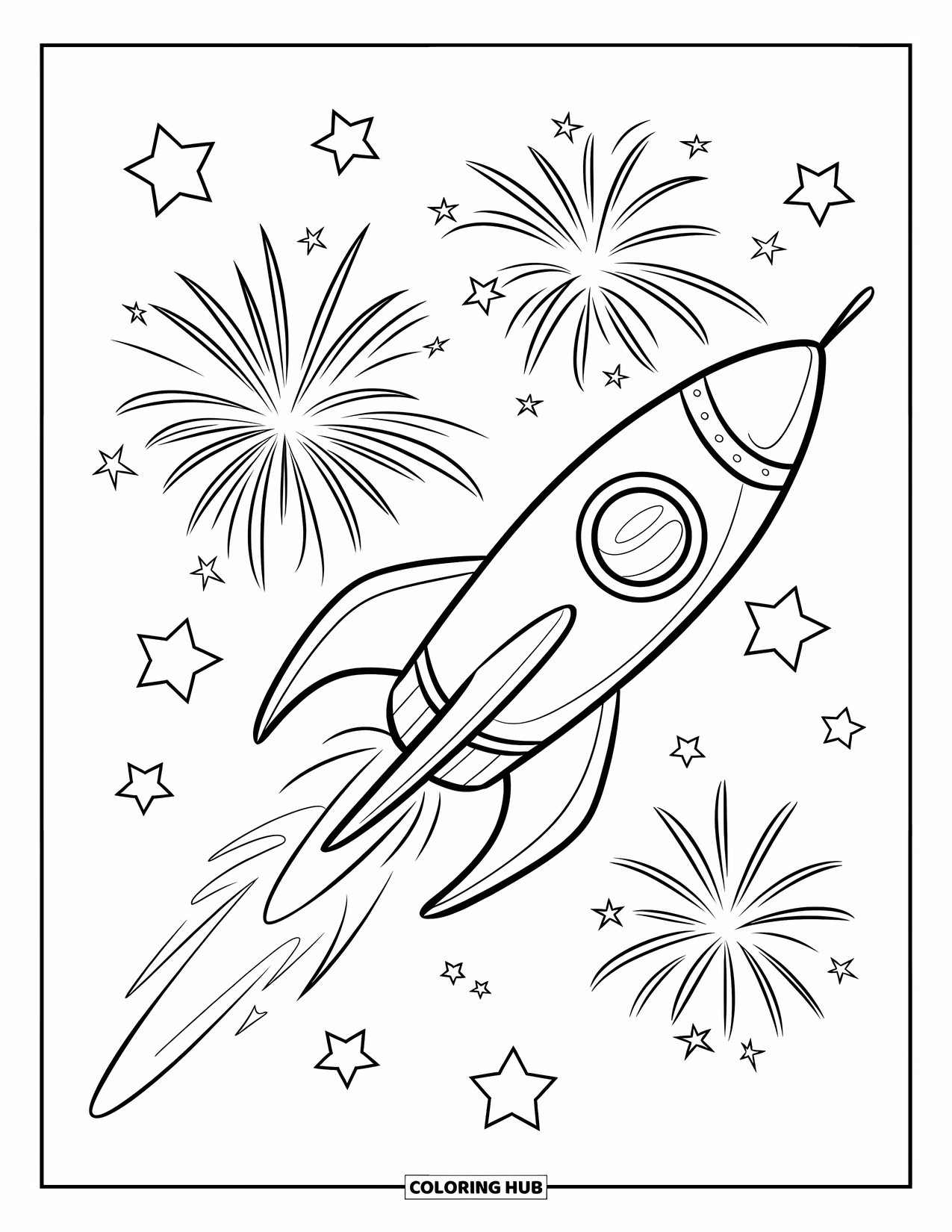 Fireworks Coloring Page for Kids: Rocket launches fireworks shaped like stars into a sky full of glowing sparkles