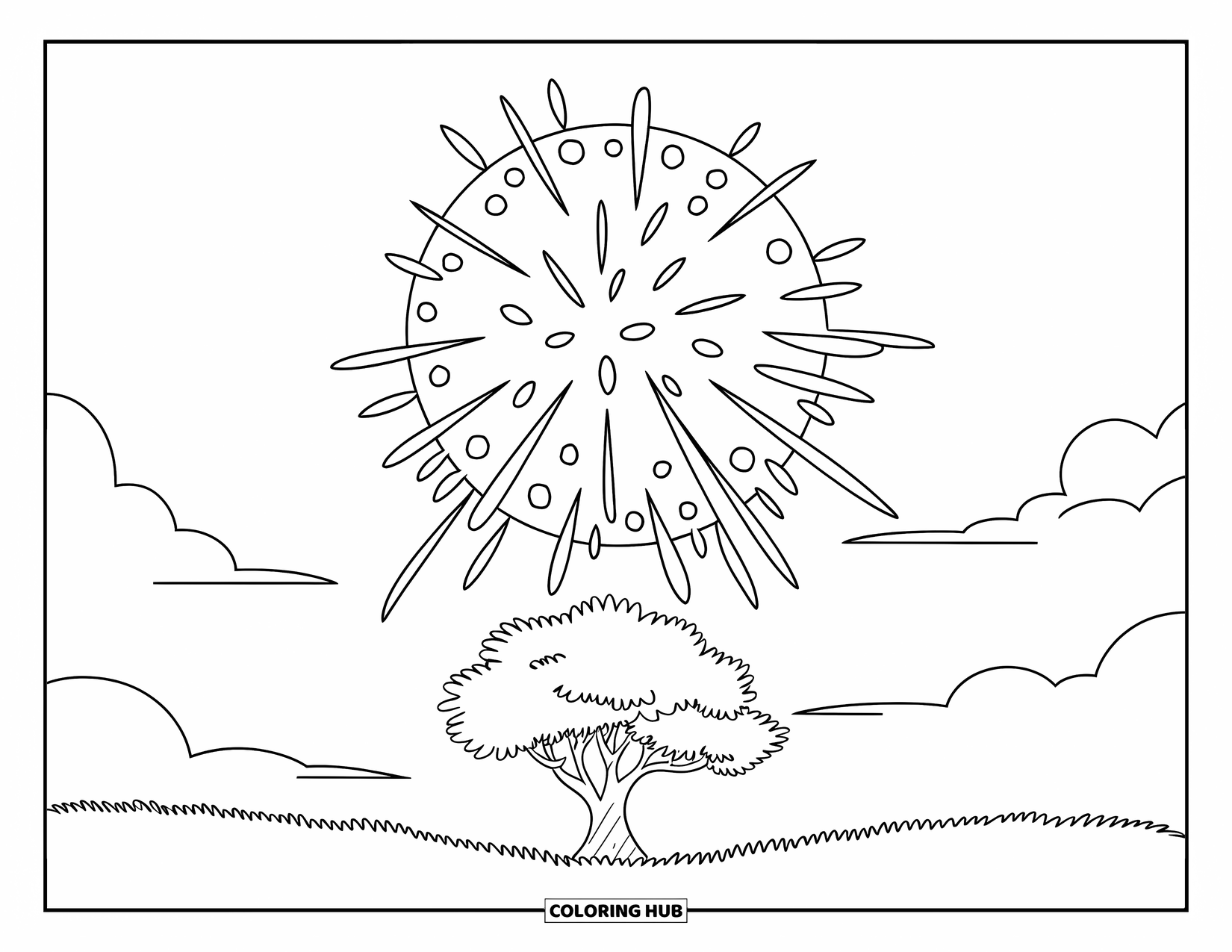 Fireworks Coloring Page for Kids: Round firework bursts with dotted patterns above a tree in a peaceful grassy field