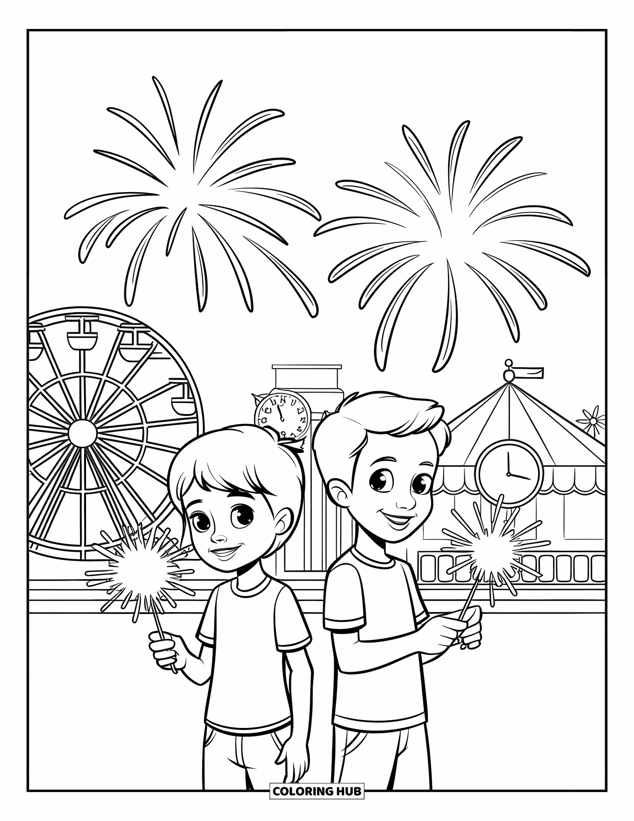 Fireworks Coloring Page for Kids: Smiling kids hold sparklers at a fairground with a Ferris wheel and clock tower