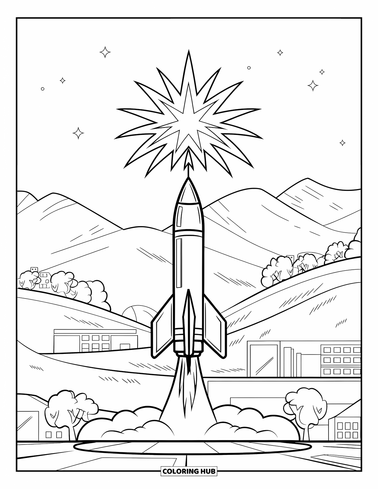 Fireworks Coloring Page for Kids: Star-topped rocket launches above trees and hills under a sky with twinkling stars