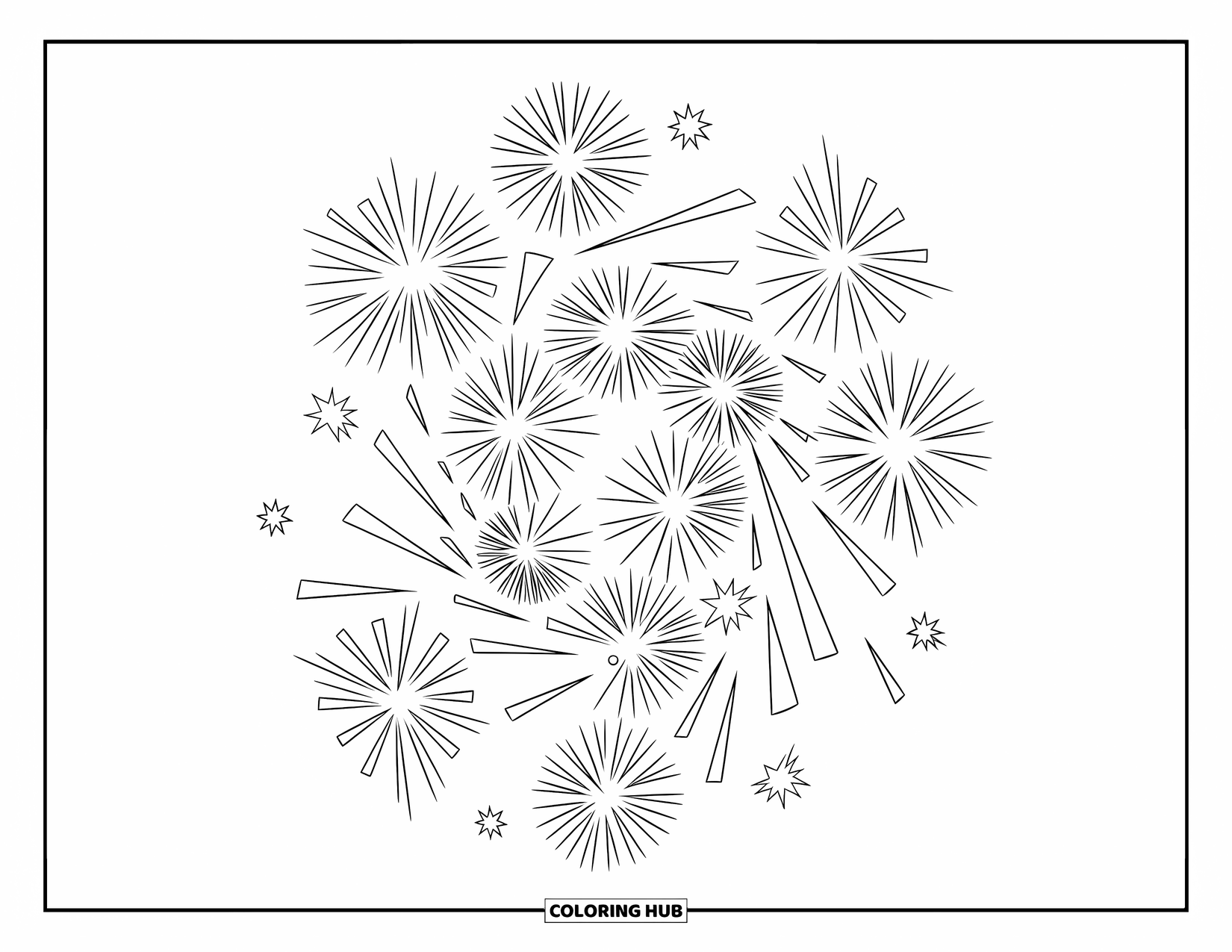 Fireworks Coloring Page for Kids: Stars and shapes explode in a spiral of fireworks and geometric lines