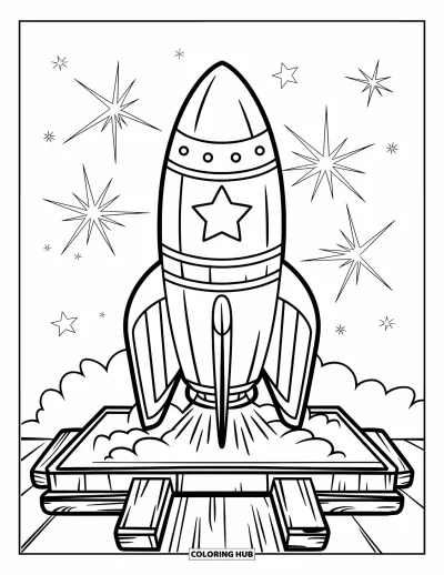 Fireworks Coloring Page for Kids: Striped rocket rests on a wooden launchpad with sparks in the air