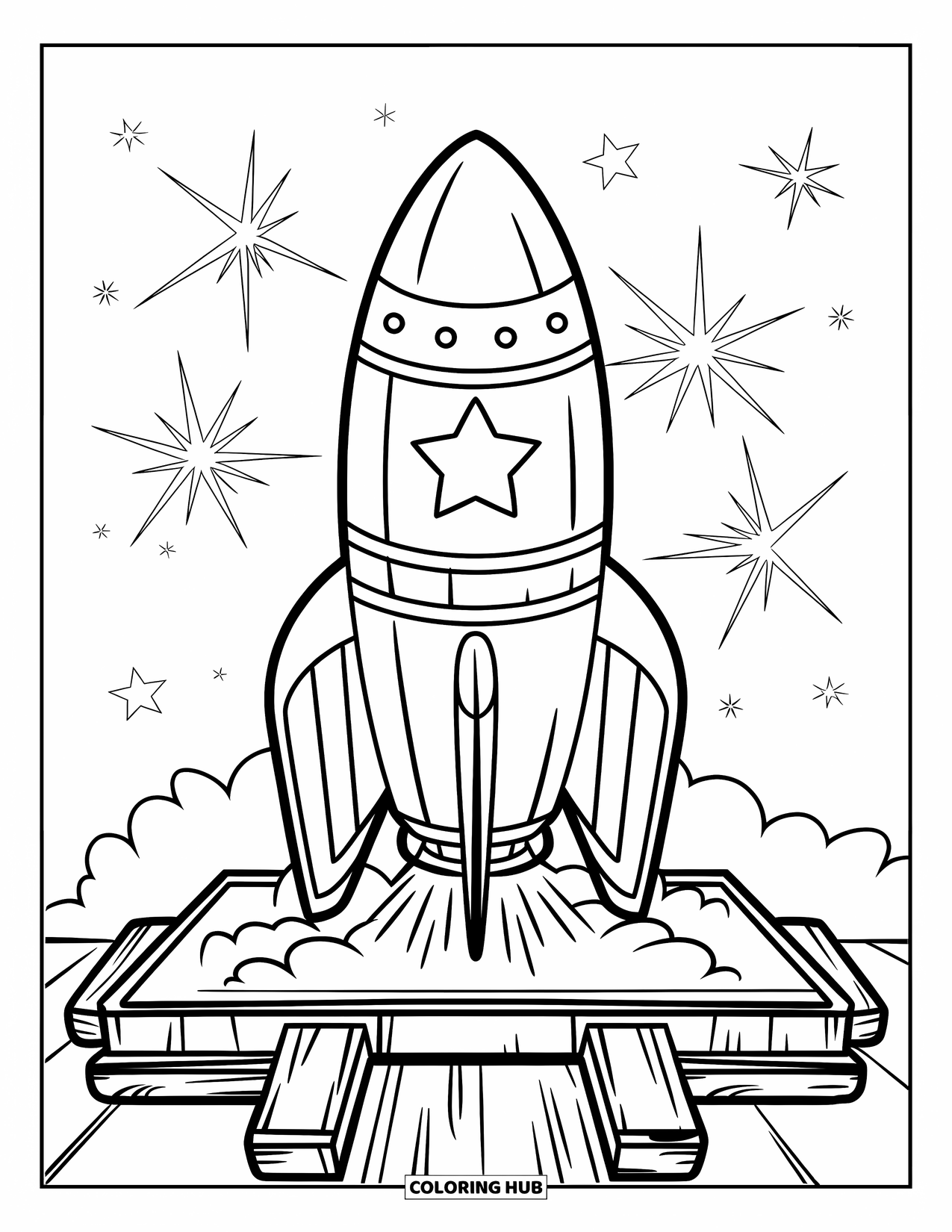 Fireworks Coloring Page for Kids: Striped rocket rests on a wooden launchpad with sparks in the air
