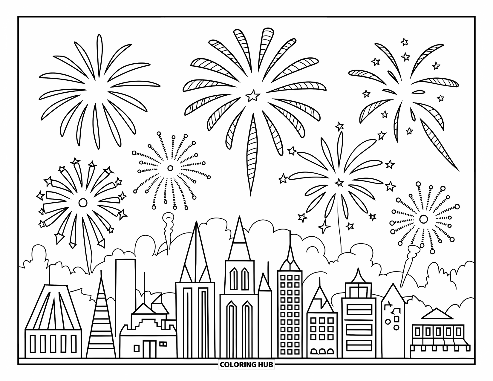 Fireworks Coloring Page for Kids: Tall, pointy rooftops shine under swirling fireworks and trails of smoke in the sky