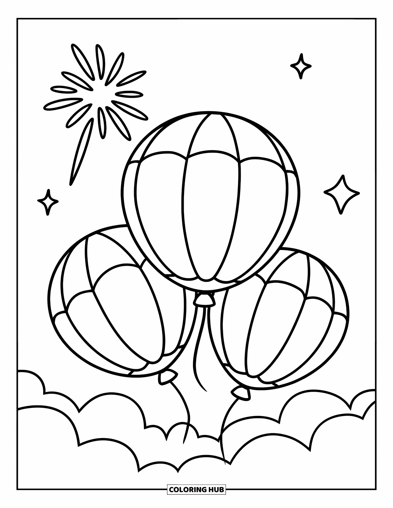 Fireworks Coloring Page for Kids: Three cheerful balloons float beneath a twinkling firework in the starry sky