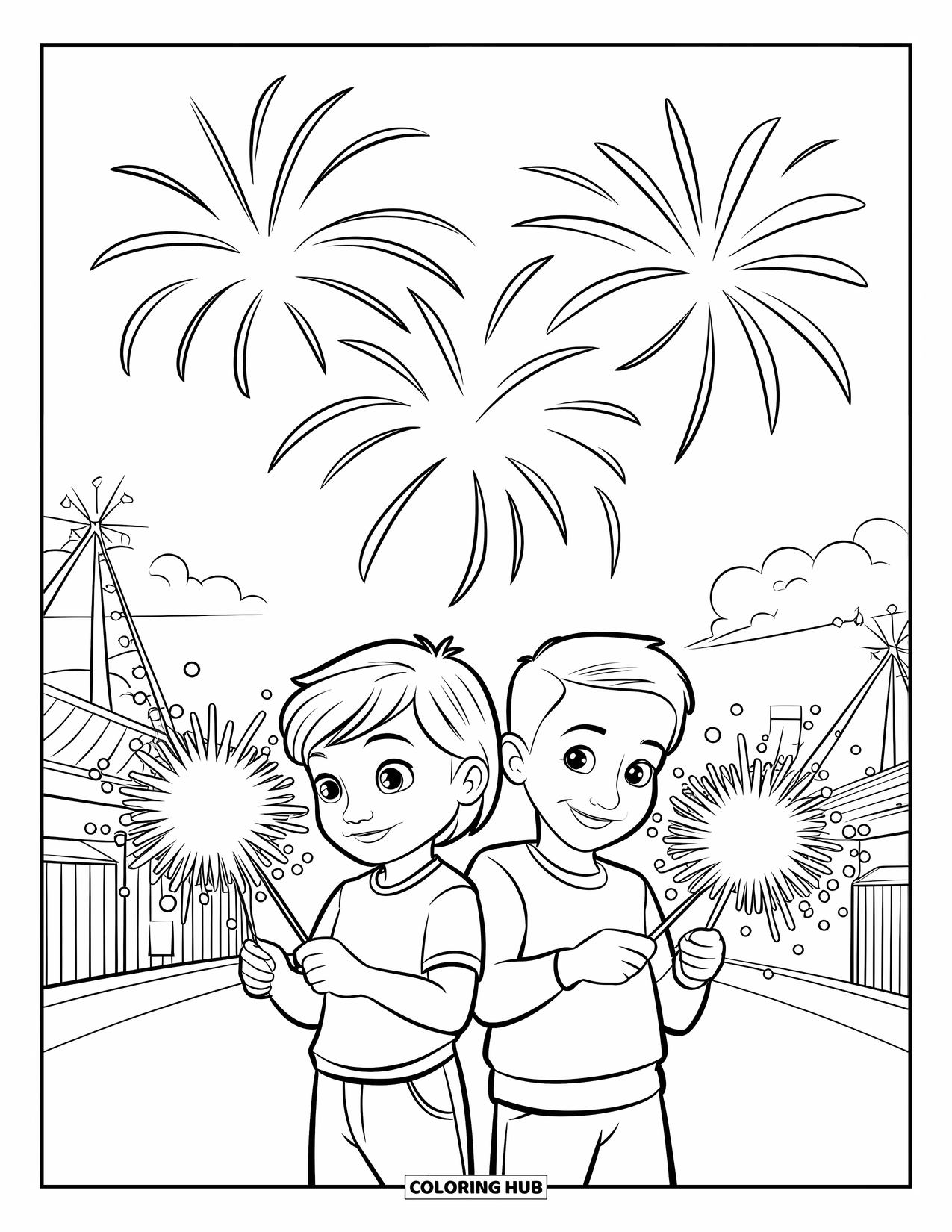 Fireworks Coloring Page for Kids: Two kids hold sparklers at the fair while fireworks burst above the carnival rides