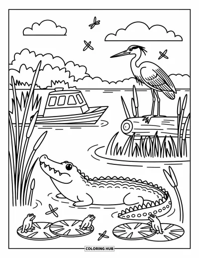 Coloriage de Floride pour adultes : Un alligator paisible et un héron partagent les Everglades pendant qu'un aéroglisseur passe