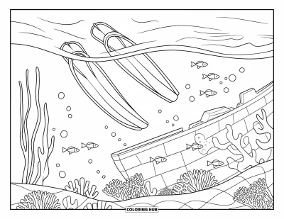 Coloriage de Floride pour adultes : Une scène de récif corallien montre des palmes de plongée, des poissons, des coraux et une épave