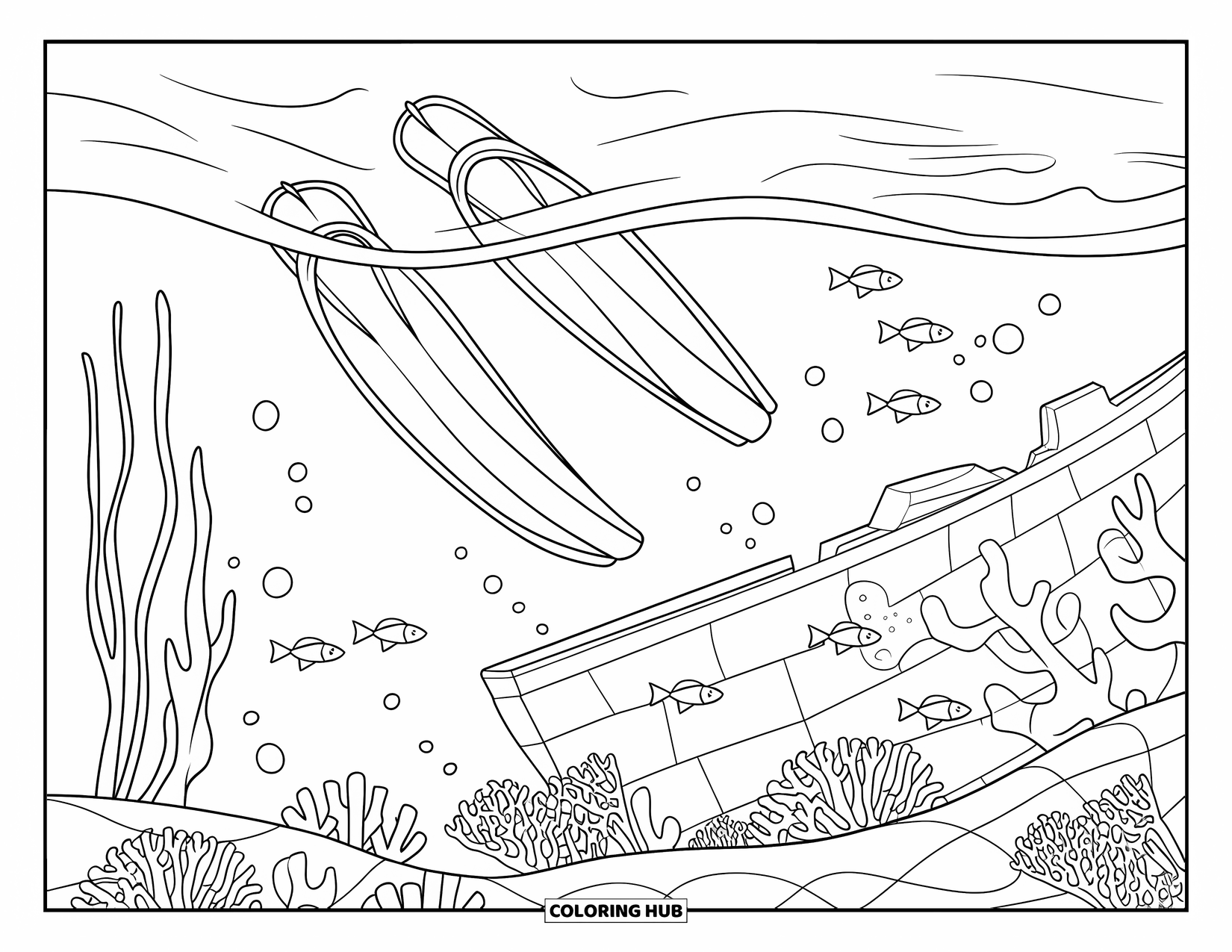 Florida Coloring Page for Adults: A coral reef scene shows snorkeling fins, fish, corals, and a shipwreck below