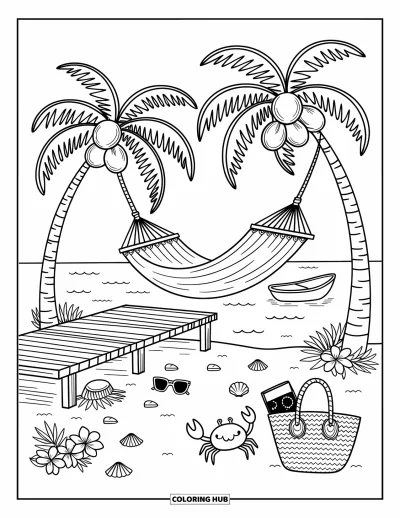Coloriage de Floride pour adultes : Un hamac s'étire entre des palmiers avec un bateau et un ponton au bord de l'eau