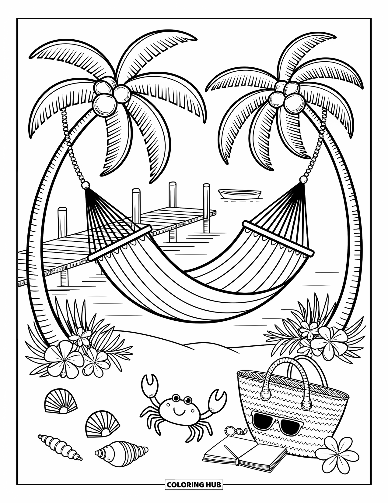Florida Coloring Page for Adults: A hammock sways under palm trees beside a beach dotted with shells and flowers