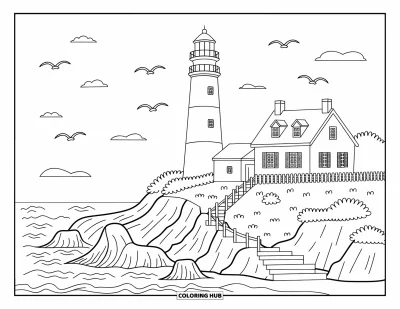 Coloriage de Floride pour adultes : Un phare et un cottage sont perchés sur une falaise escarpée avec des mouettes qui volent au-dessus